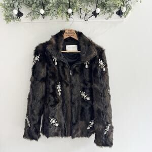 Zara Trinny Faux Fur Brown Beaded Sequined Coat Full Zip XS blogger fav!!